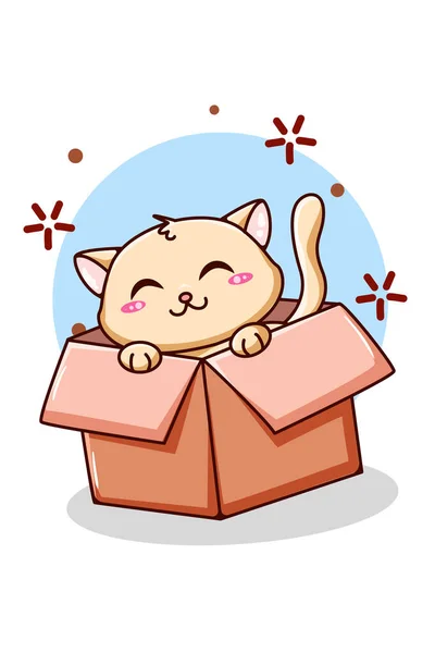 Carino Divertente Gatto Sulla Scatola Animale Cartone Animato Illustrazione — Vettoriale Stock