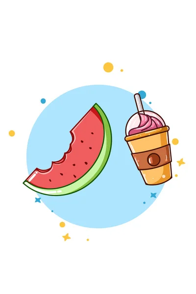 Wassermelone Mit Eisgetränk Ikone Cartoon Illustration — Stockvektor