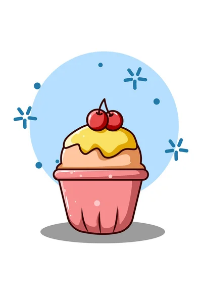 さくらんぼの漫画のイラストと甘いカップケーキ — ストックベクタ