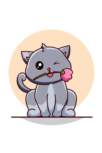 可爱而有趣的猫与玫瑰图案卡通画 — 图库矢量图片