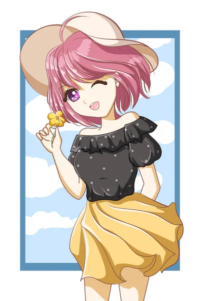 Cute Beautiful Girl Pink Hair Hat Summer Character Cartoon Illustration — Stock Vector