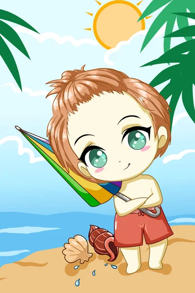 Cute Little Boy Parasolem Plaży Lecie Design Postać Kreskówek Ilustracja — Wektor stockowy