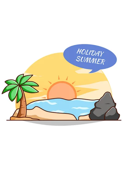 Beautiful Beach Summer Holiday Cartoon Illustration — Stock Vector