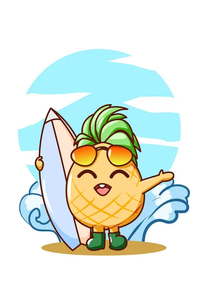 Mignon Ananas Avec Planche Surf Illustration Dessin Animé Été — Image vectorielle