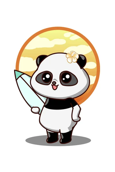 Carino Panda Con Tavola Surf Estate Illustrazione Cartone Animato — Vettoriale Stock