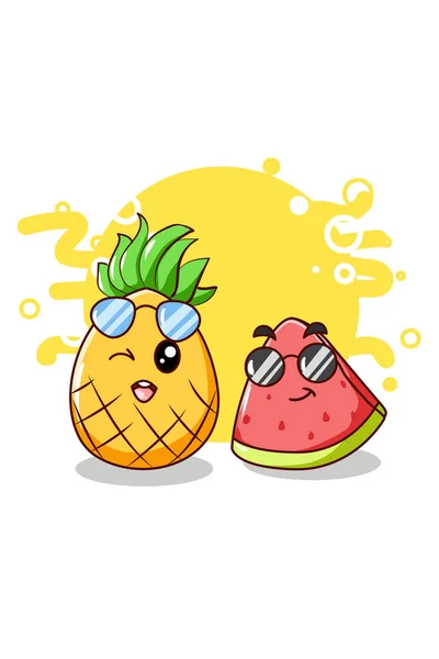 Joyeux Mignon Pastèque Ananas Dans Illustration Dessin Animé Été — Image vectorielle