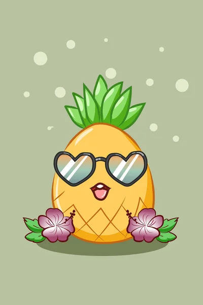 Joyeux Mignon Ananas Dans Illustration Bande Dessinée Été — Image vectorielle