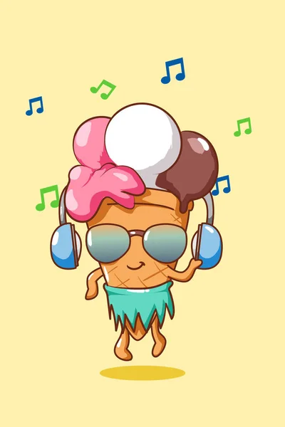 Sorvete Feliz Bonito Com Ícone Música Ilustração Desenhos Animados Verão — Vetor de Stock