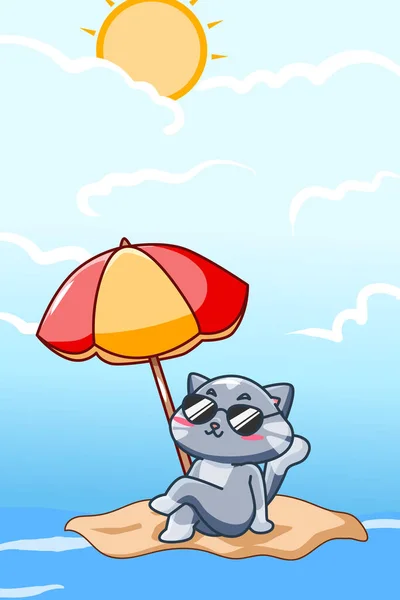 Happy Enjoy Cat Beach Summer Cartoon Illustration — Stock Vector