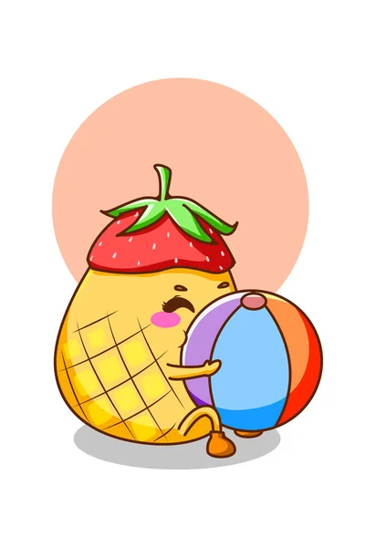 夏の漫画のイラストでボールとかわいいパイナップル — ストックベクタ