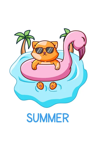 Słodki Fajny Kot Pływanie Letniej Ilustracji Kreskówki — Wektor stockowy
