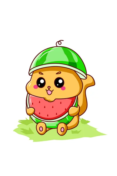 Schattige Kat Eten Watermeloen Zomer Cartoon Illustratie — Stockvector