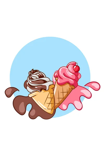 夏季卡通画中带有樱桃的甜冰淇淋 — 图库矢量图片