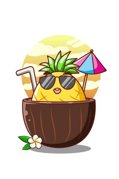 Divertente Ananas Sul Cocco Nell Illustrazione Del Cartone Animato Estivo — Vettoriale Stock