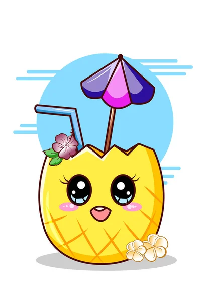 夏日卡通画中甜美可爱的菠萝饮料 — 图库矢量图片