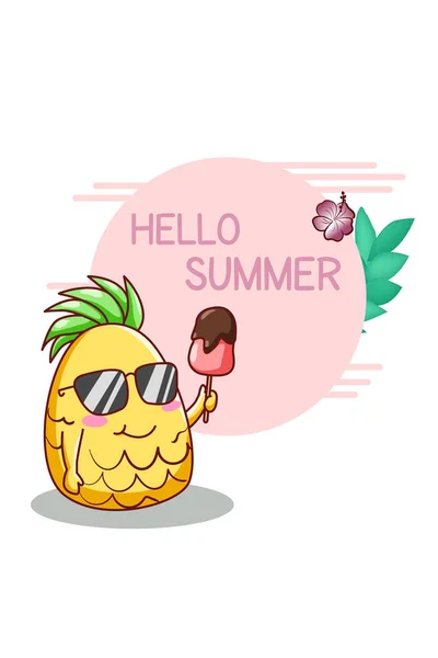 Olá Verão Com Bonito Desenho Animado Abacaxi Ilustração — Vetor de Stock