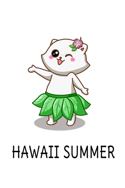 Schattige Kat Gelukkig Hawaii Zomer Cartoon Illustratie — Stockvector
