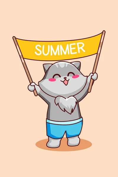Ładny Kot Szczęśliwy Lato Kreskówka Ilustracja — Wektor stockowy