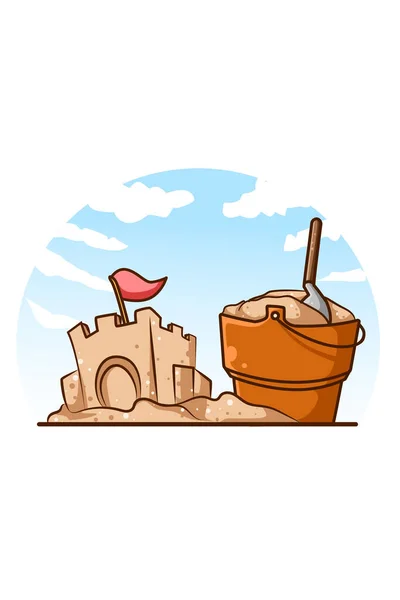夏季卡通画中海滩上的城堡沙子和桶 — 图库矢量图片