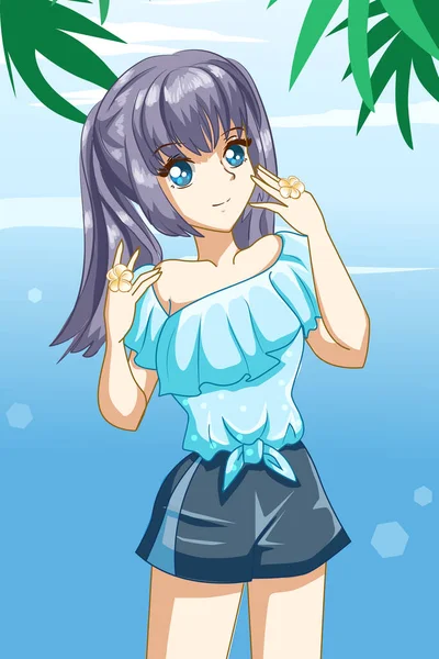 Cute Happy Girl Blue Shirt Summer Character Cartoon Illustration — Stock Vector