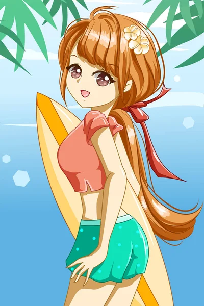 Mooi Meisje Met Surfplank Zomer Karakter Cartoon Illustratie — Stockvector