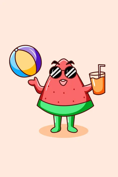 Niedliche Wassermelone Mit Orangensaft Sommer Cartoon Illustration — Stockvektor