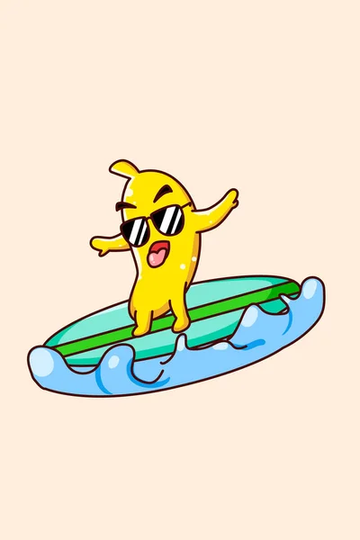 Happy Banana Surfing Sea Summer Cartoon Illustration — Stock Vector