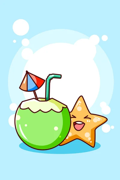 Young Coconut Starfish Summer Cartoon Illustration — Stock Vector