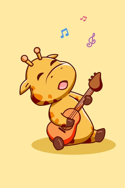 Щасливий Смішний Жираф Грає Гітарі Мультяшна Ілюстрація — стоковий вектор