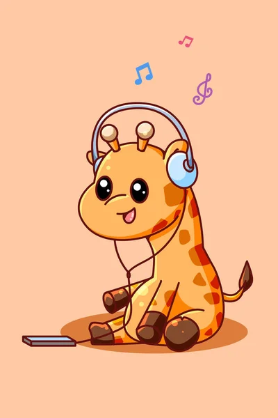Leuke Giraffe Luisteren Muziek Met Headset Cartoon Illustratie — Stockvector