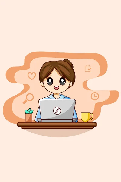 Menina Trabalhador Escritório Com Laptop Negócios Cartoon Ilustração —  Vetores de Stock