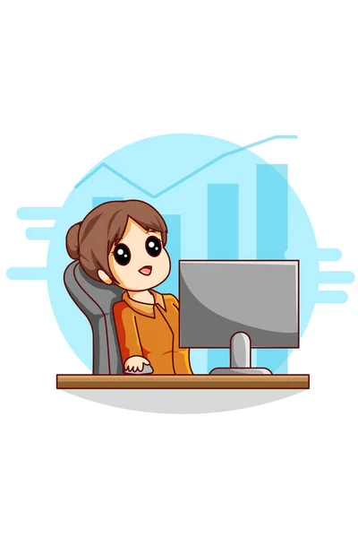 Γυναίκα Που Εργάζονται Laptop Και Διάγραμμα Επιχειρήσεων Εικονογράφηση Κινουμένων Σχεδίων — Διανυσματικό Αρχείο