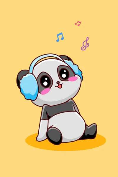 Aranyos Boldog Panda Hallgat Zene Ikon Rajzfilm Illusztráció — Stock Vector