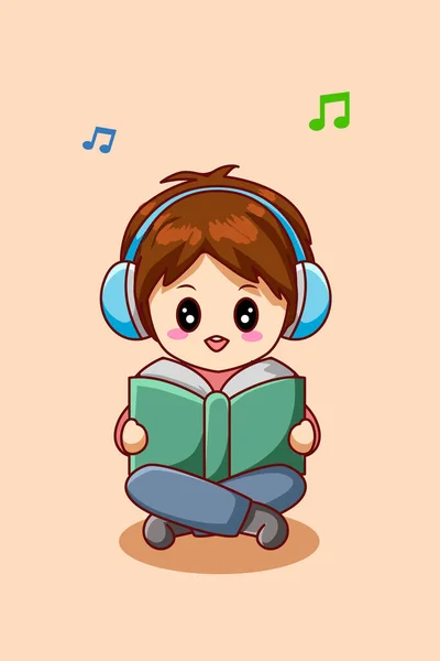 Leuke Jongen Luisteren Muziek Met Laptop Cartoon Illustratie — Stockvector