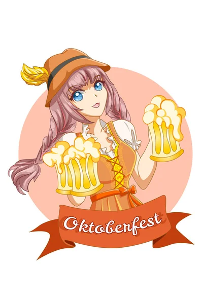 Femme Mignonne Heureuse Célébrant Oktoberfest Avec Illustration Dessin Animé Bière — Image vectorielle