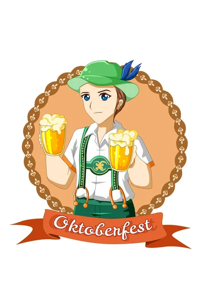 Niño Con Cerveza Celebrando Oktoberfest Ilustración Dibujos Animados — Archivo Imágenes Vectoriales