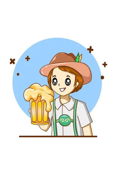 Ein Guter Junge Feiert Oktoberfest Mit Bier Karikatur — Stockvektor