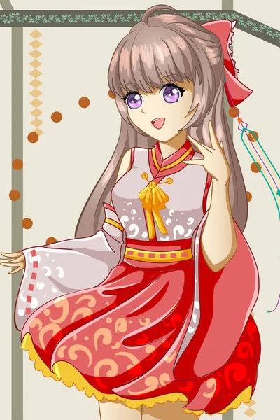 Een Mooi Gelukkig Meisje Met Kimono Ontwerp Cartoon Illustratie — Stockvector