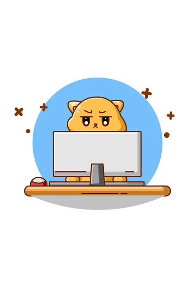 Niedliche Katze Arbeitet Computer Animal Cartoon Illustration — Stockvektor