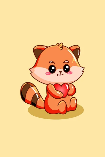 Roztomilé Zábavné Červené Panda Srdcem Animované Ilustrace — Stockový vektor