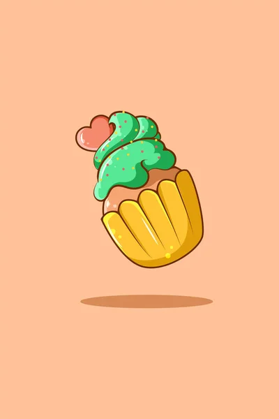 Sweet Cupcake Met Hart Cartoon Illustratie — Stockvector