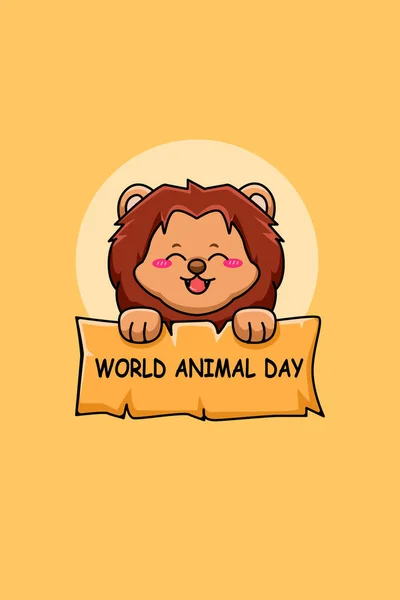 Leone Carino Con Mondo Animale Giorno Testo Cartone Animato Illustrazione — Vettoriale Stock