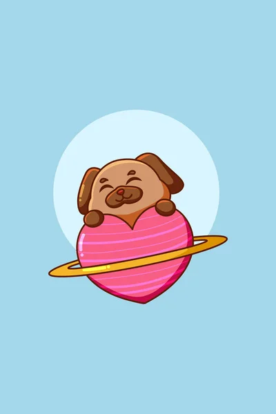 ハートプラネット動物漫画イラストでかわいいと幸せな犬 — ストックベクタ