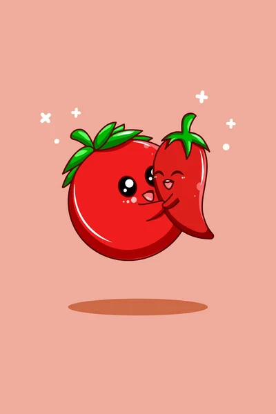 Tomat Dan Cabai Dalam Ilustrasi Kartun Hari Vegetarian - Stok Vektor