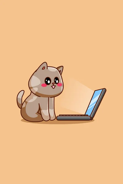 Söt Katt Med Laptop Tecknad Illustration — Stock vektor