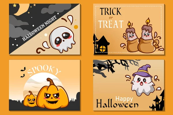 Platt Design Halloween Kortsamling Med Spöke Och Ljus — Stock vektor