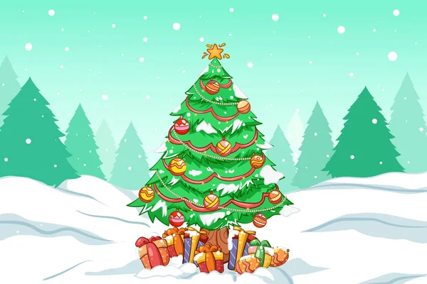 Ručně Kreslený Vánoční Stromek Dárek Ilustrací Zimní Oblohy — Stockový vektor