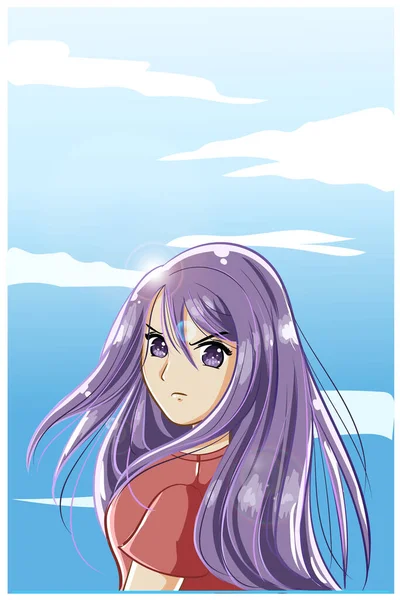 Beautiful Cute Girl Purple Long Hair Summer Cartoon Illustration — Stock Vector