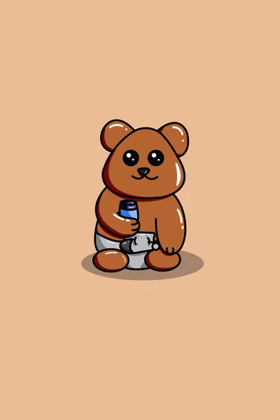 Cute Happy Bear Bottle Cartoon Illustration — Stock Vector