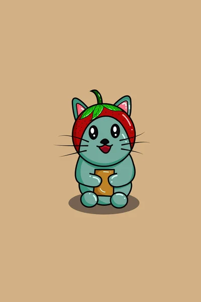 Cute Szczęśliwy Kot Truskawki Ilustracja Kreskówki — Wektor stockowy